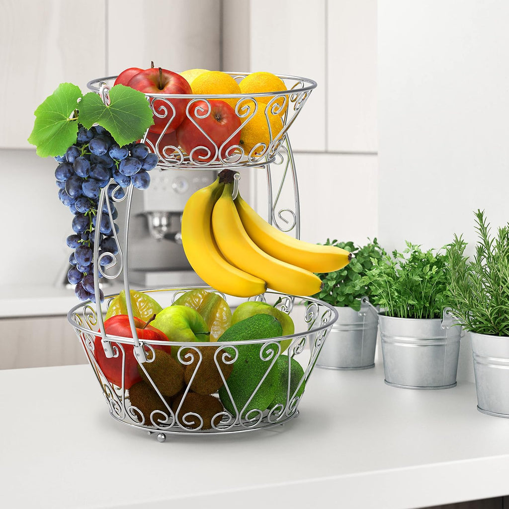 Simple Houseware Cesta de frutas de 2 niveles para encimera, color cromado