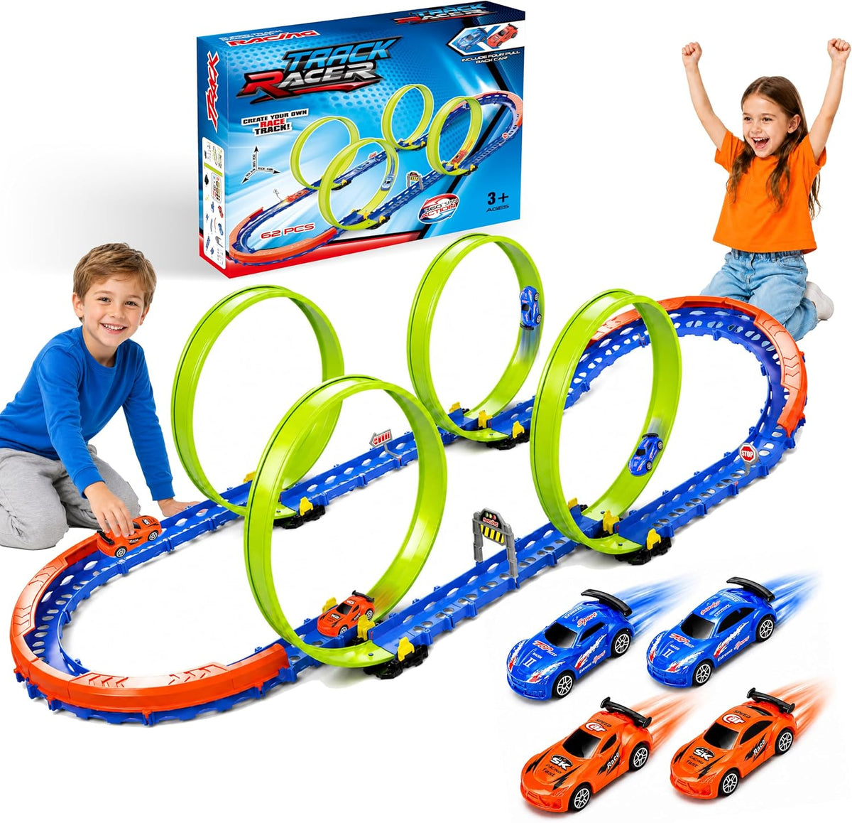 Juego de pistas de carreras con 4 bucles y 4 autos, 62 piezas de juguete