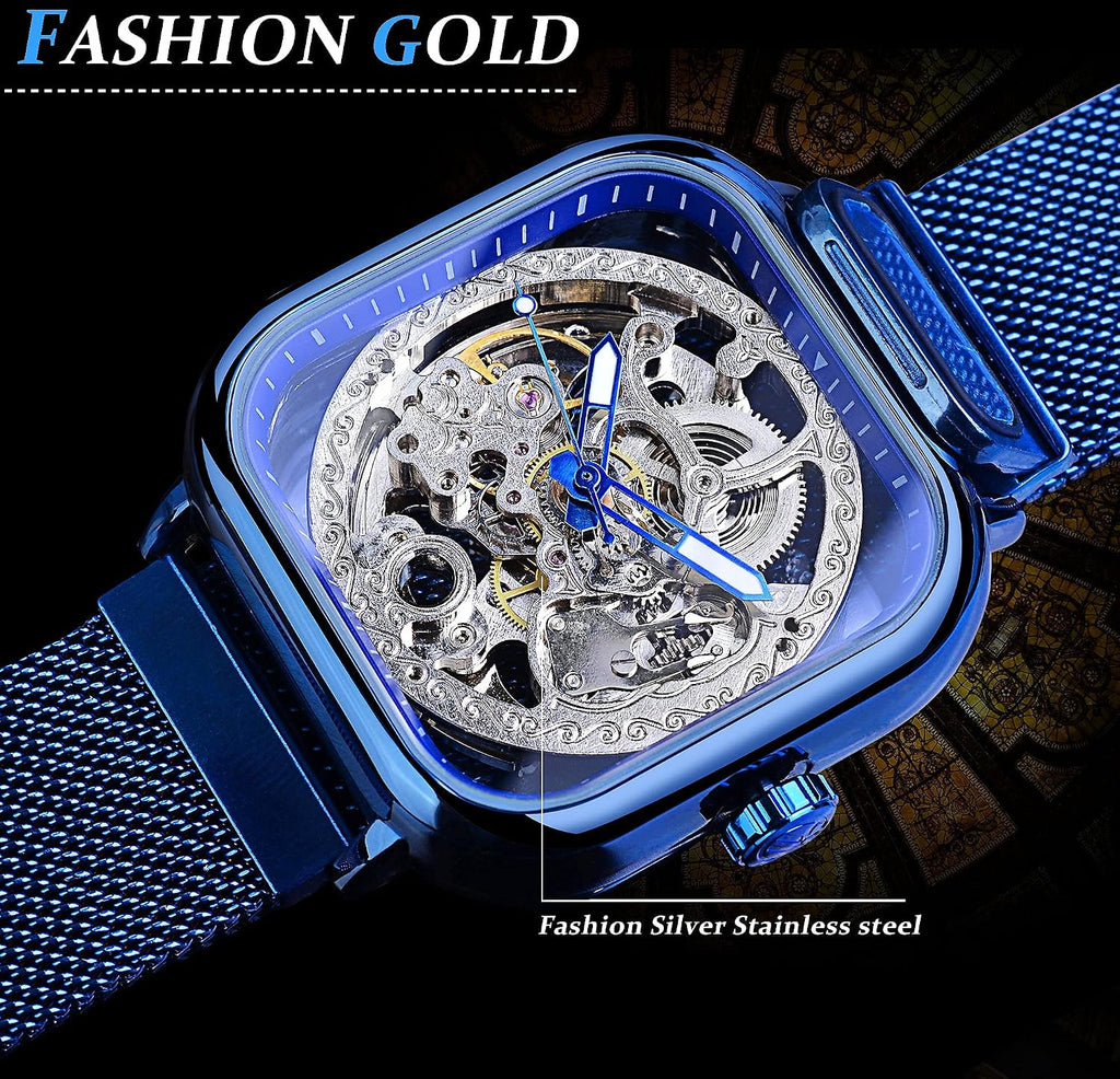 FORSINING Relojes automáticos Reloj de pulsera mecánico dorado para hombre Relojes de esqueleto con esfera transparente de acero inoxidable con movimiento de flor real talla
