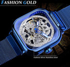 FORSINING Relojes automáticos Reloj de pulsera mecánico dorado para hombre Relojes de esqueleto con esfera transparente de acero inoxidable con movimiento de flor real talla
