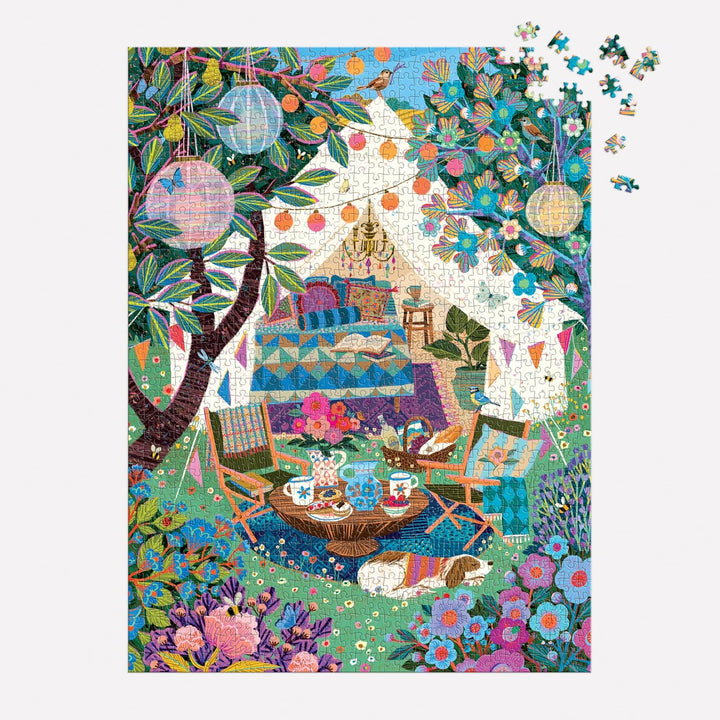 Galison Blooming Escape - Rompecabezas de 1000 piezas con hermosas ilustraciones de una escena de campamento de lujo