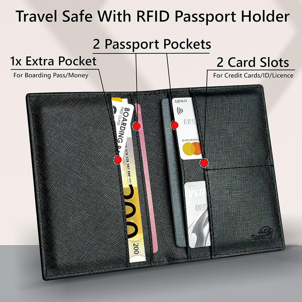 2 Portapasaportes - Esenciales de viaje, billetera con bloqueo RFID, organizador de tarjetas de crédito, accesorio de cobertura delgada para hombres y mujeres, Negro, Talla única