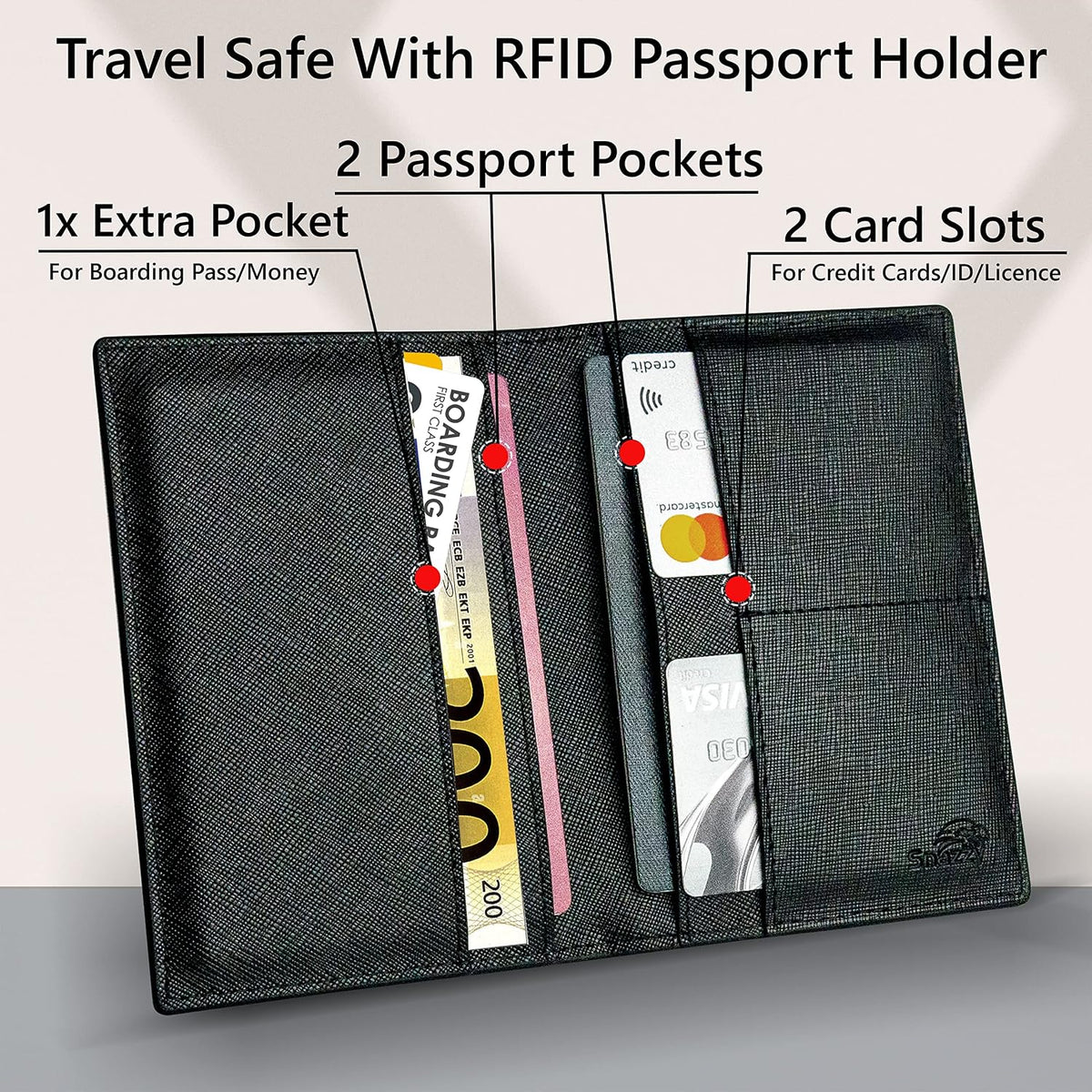 2 Portapasaportes - Esenciales de viaje, billetera con bloqueo RFID, organizador de tarjetas de crédito, accesorio de cobertura delgada para hombres y mujeres, Negro, Talla única