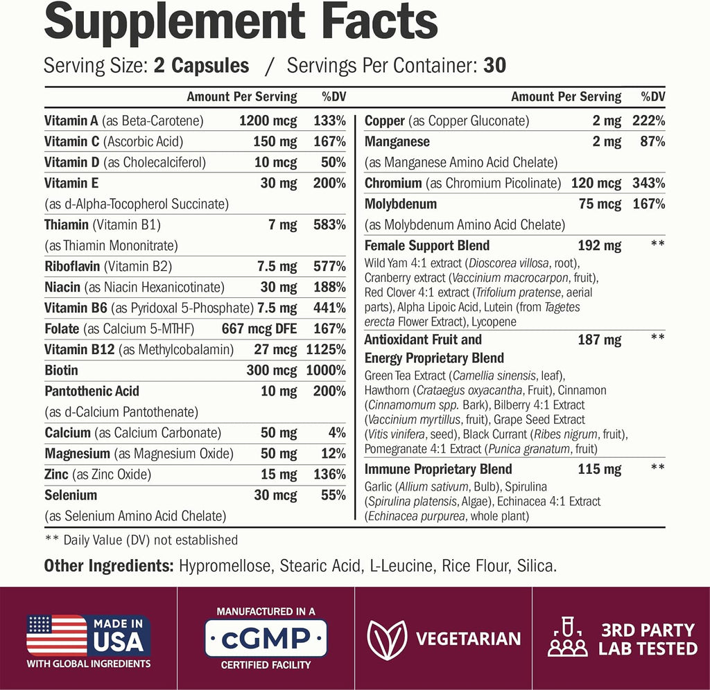 Suplemento multivitamínico para mujer: vitaminas y minerales diarios con ácido, Cápsulas para mujer