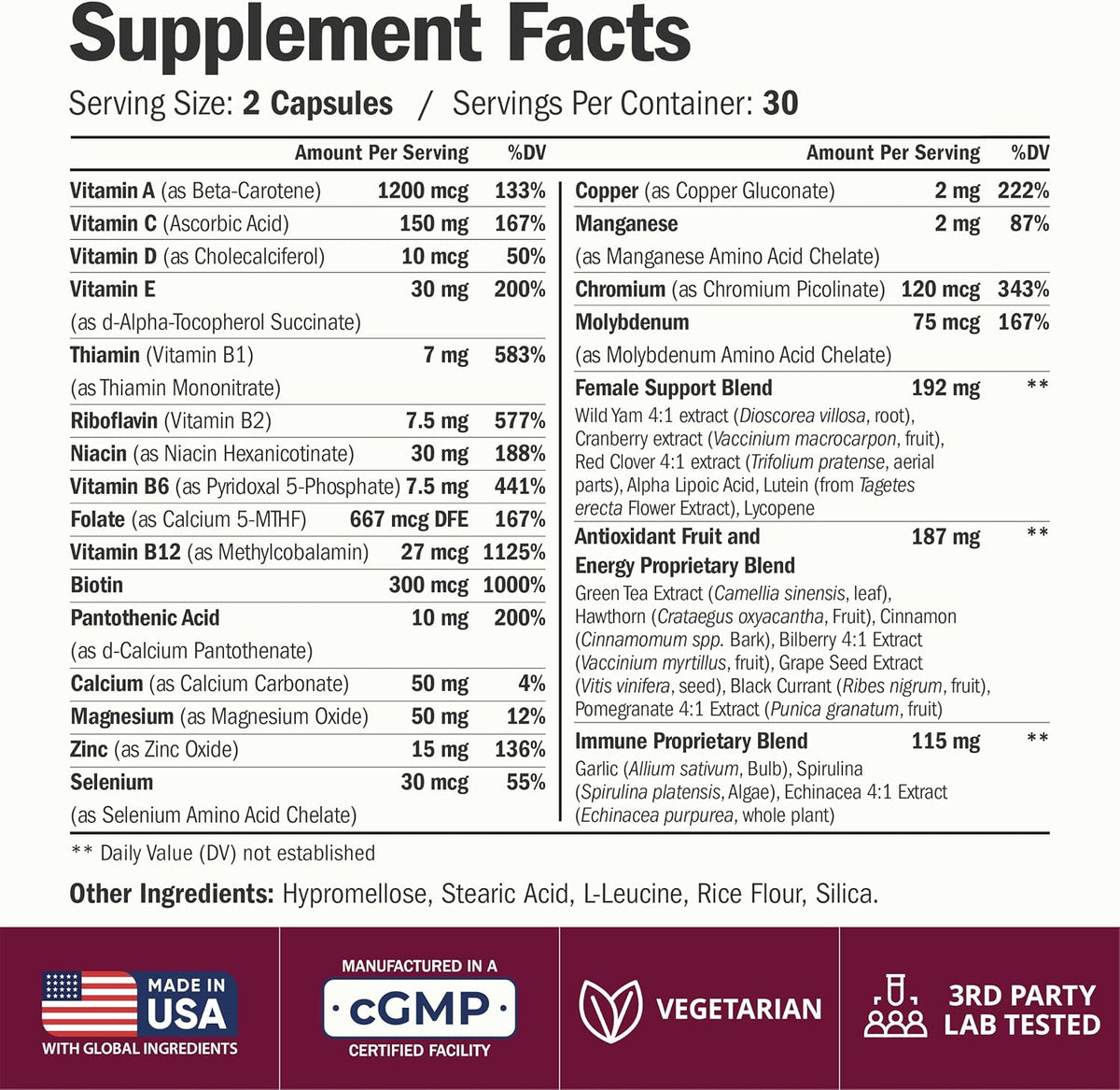 Suplemento multivitamínico para mujer: vitaminas y minerales diarios con ácido, Cápsulas para mujer