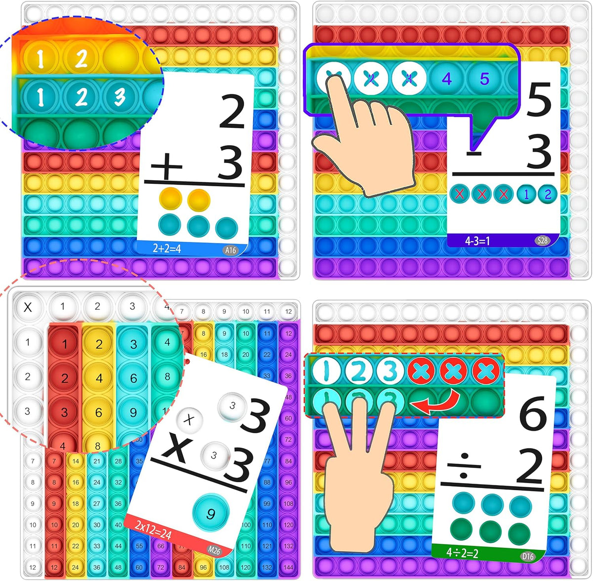 Juegos de matemáticas para niños, tarjetas flash de matemáticas, kit de práctica interactiva, práctica Pop It con suma, resta, multiplicación y división, ideal para aprender y desarrollar habilidades, edades de 4 a 8 años