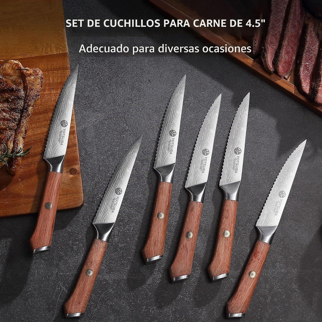 Juego de 6 Cuchillos para Filetear YOTSUBA con Larga Espiga y Mango de Madera de Etiro