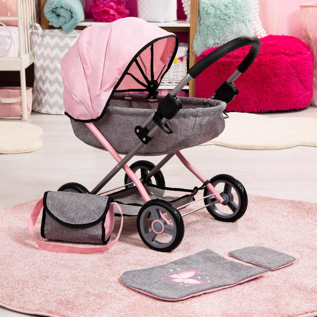 Bayer Set de Cochecito de Muñeca con Bolso - Carruaje Rosado para Muñecas de 18 Pulgadas