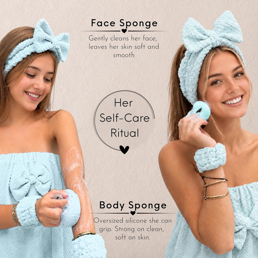 Juego de ducha eléctrica: accesorios de baño de lujo para mujeres y niñas, incluye toalla para el cuerpo y el cabello, muñequeras, diadema, esponja facial y más, potencia tu rutina (fresco