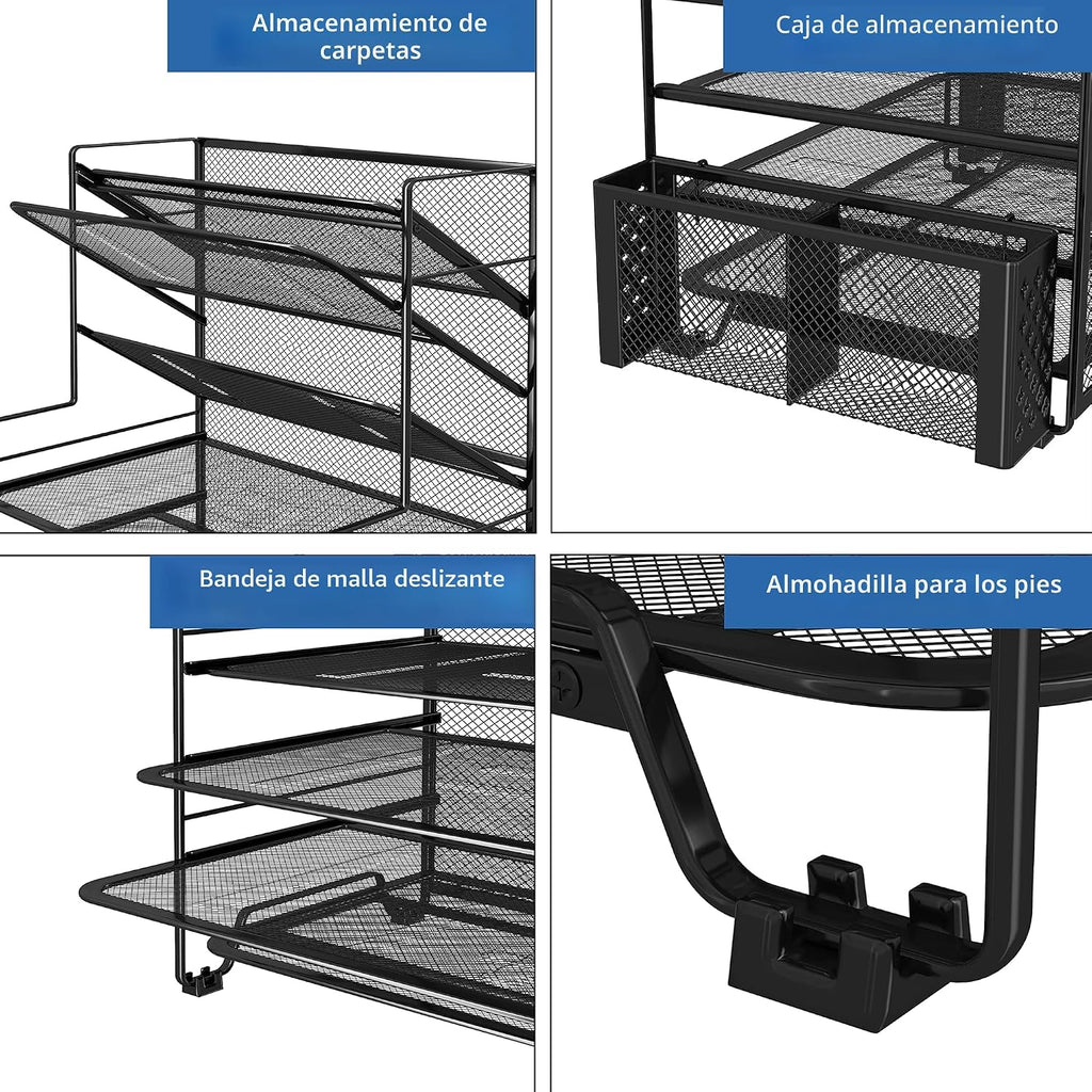 Simple Trending - Organizador de archivos de escritorio de 7 niveles, organizador de bandejas de papel tamaño carta con soporte para bolígrafos y canasta colgante de metal, negro