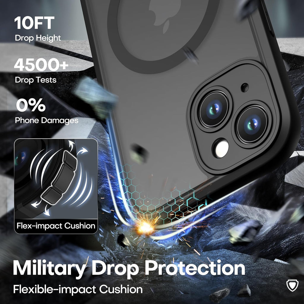 ImpactStrong Protector magnético diseñado para iPhone 15 [protección de cámara] [prueba de caídas de grado militar] [compatible con MagSafe] Funda delgada translúcida mate (6.1 pulgadas), color negro