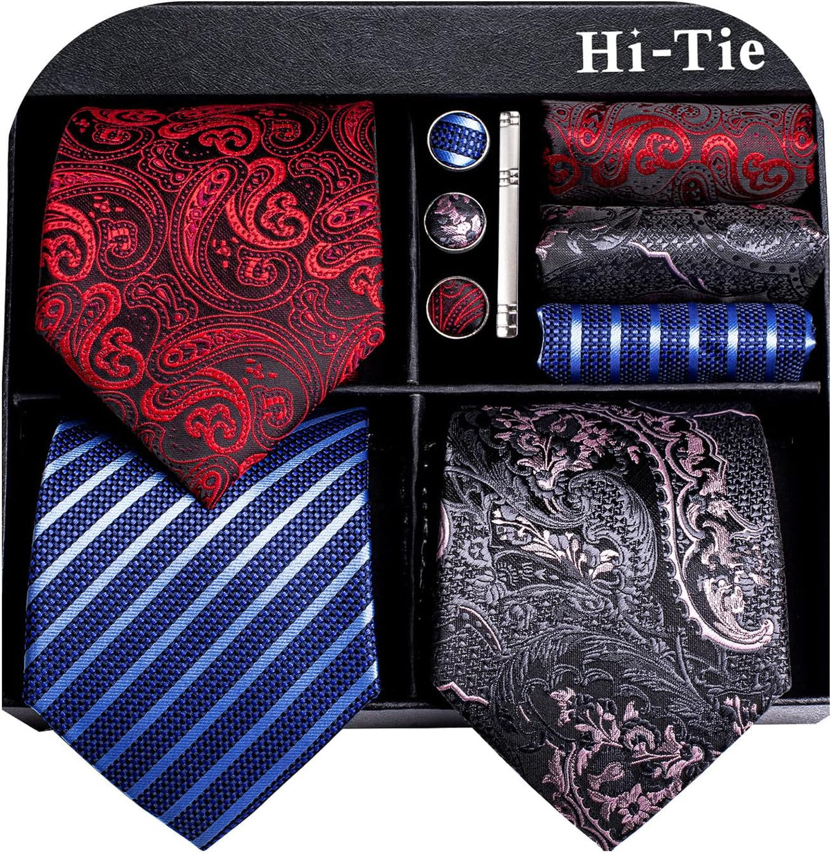 Hi-Tie - Juego de 3 piezas para hombre, incluye corbata, pañuelo de bolsillo, gemelos y pin de solapa, colección de corbata de seda