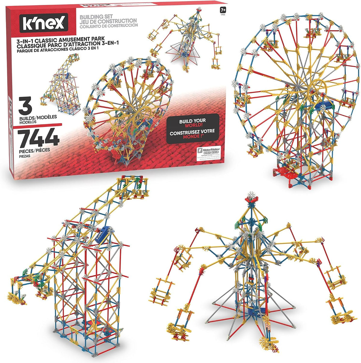 K'Nex Set para construir de parque de atracción 3 en 1 con motor, 744 piezas