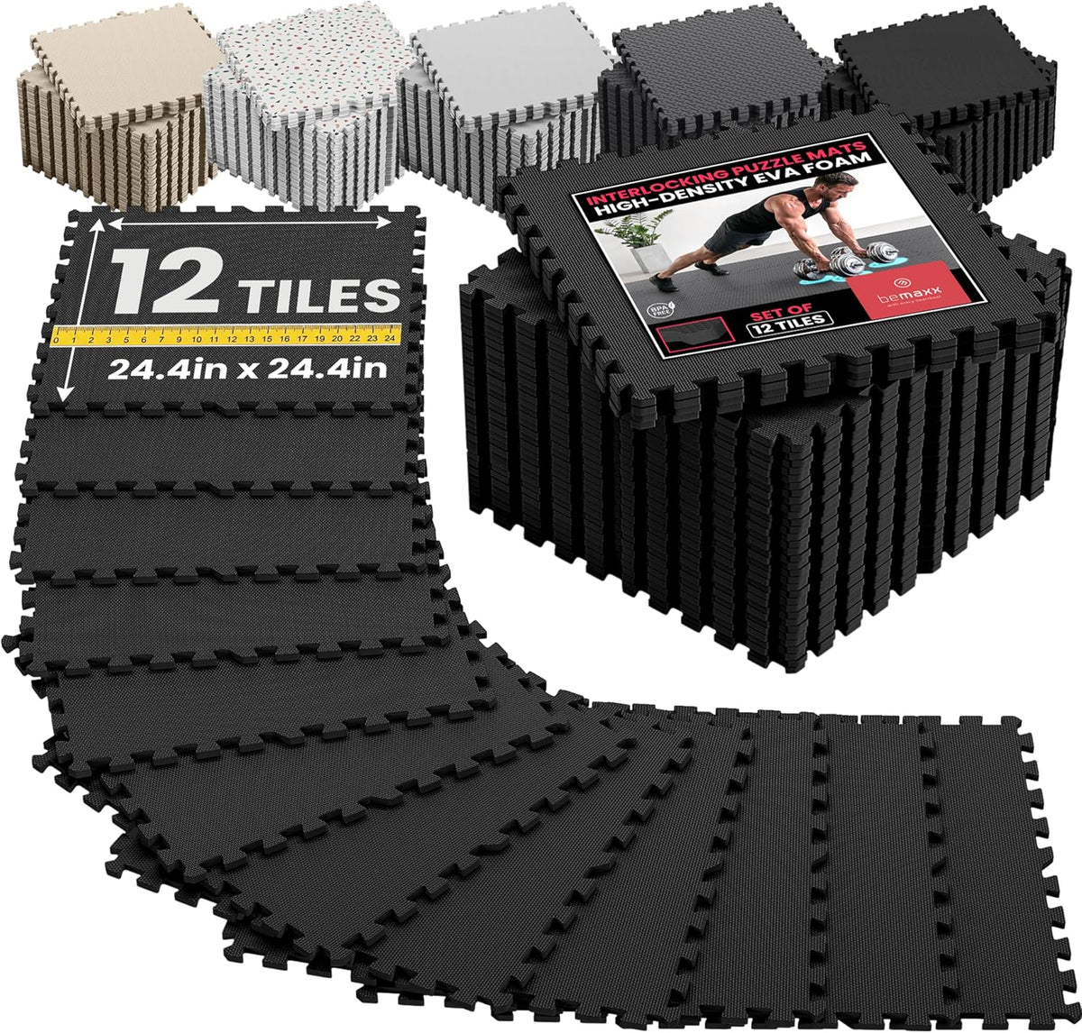 bemaxx Juego de alfombrillas de gimnasio – 12 piezas de baldosas de espuma EVA entrelazadas (24.4 x 24.4 x 0.4 pulgadas) 48 pies cuadrados protectores para el gimnasio, para deportes, hogar
