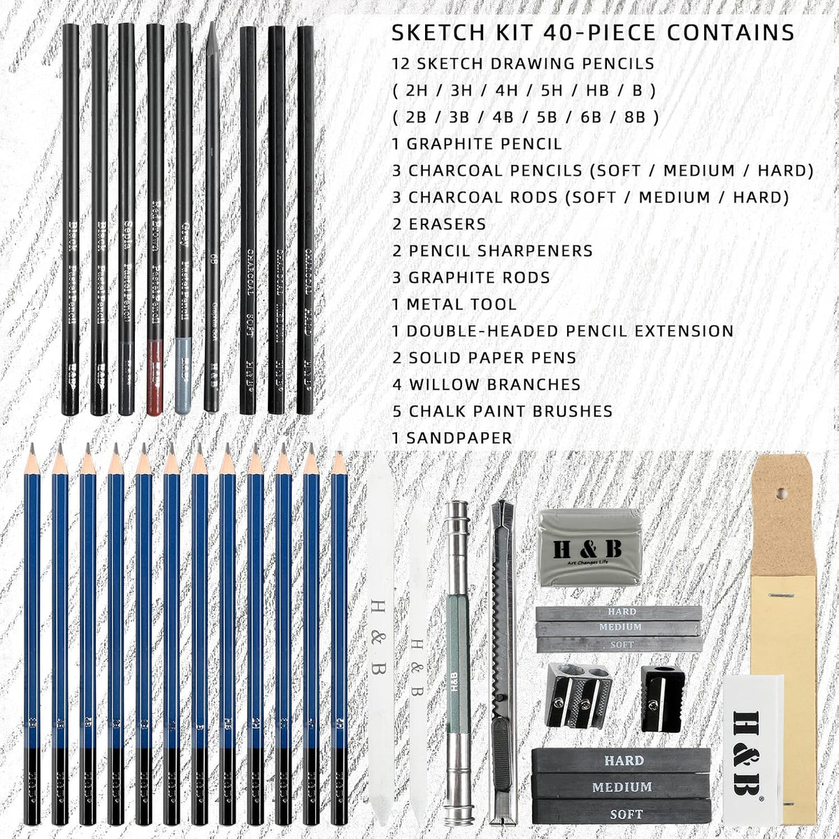 H & B Kit de dibujo profesional de 40 piezas, kit completo de artista, incluye lápices de grafito, pasteles, sacapuntas y borrador