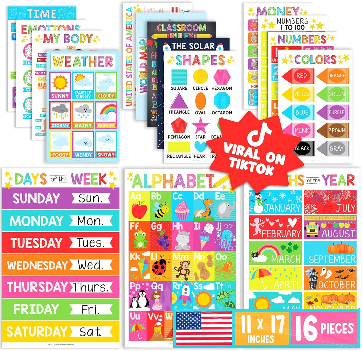 16 carteles educativos para decoración de aula y jardín de infantes, suministros de escuela en casa para bebés a niños de 3.º grado, materiales laminados de prekín: mapa de EE. UU. y del mundo, alfabeto ABC, formas, días de la semana