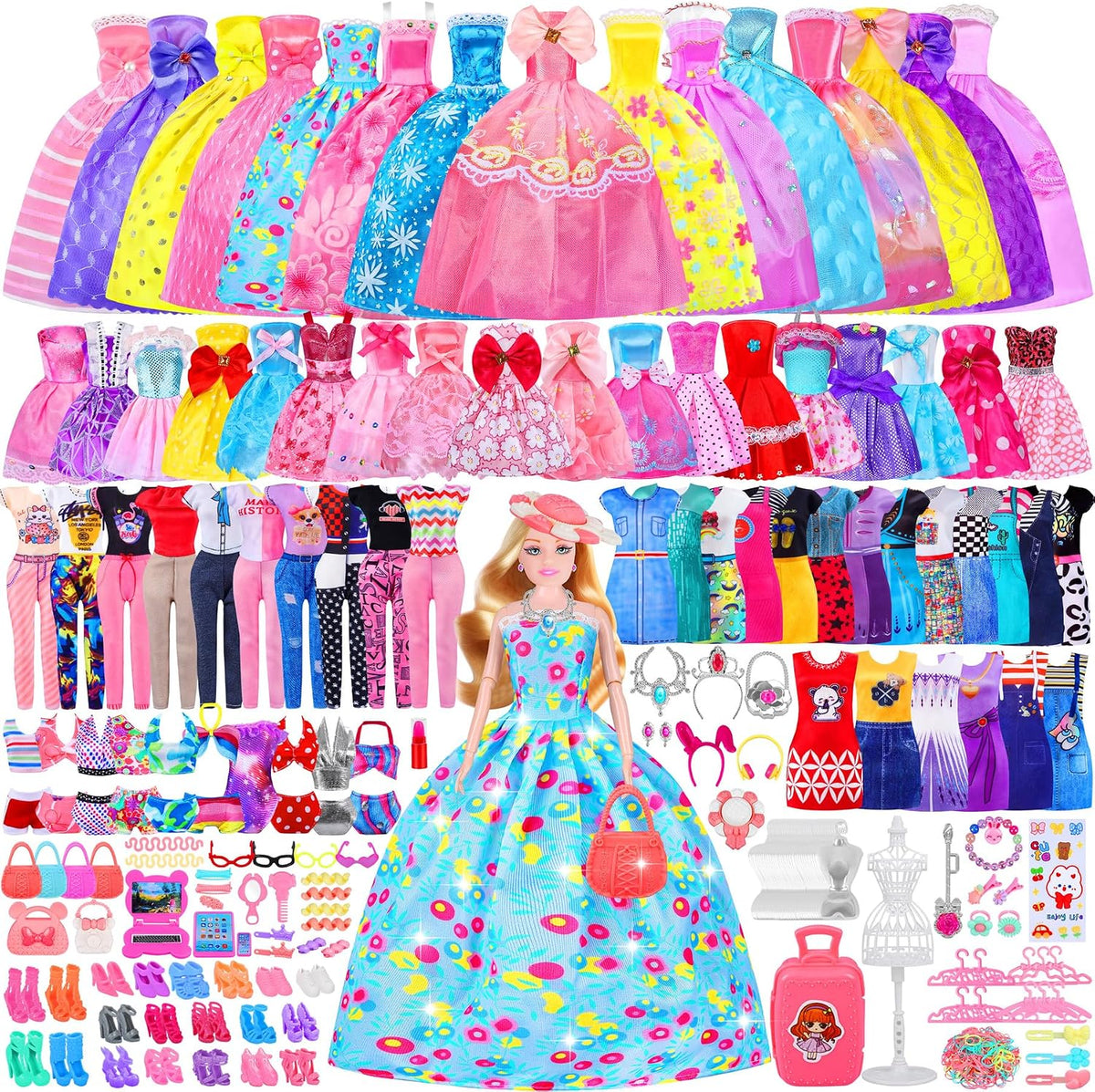 342 piezas de ropa y accesorios para muñecas con muñeca, vestidos de princesa, vestidos de moda, parte superior, pantalones, trajes de baño, zapatos, perchas y otros accesorios, juego de muñeca