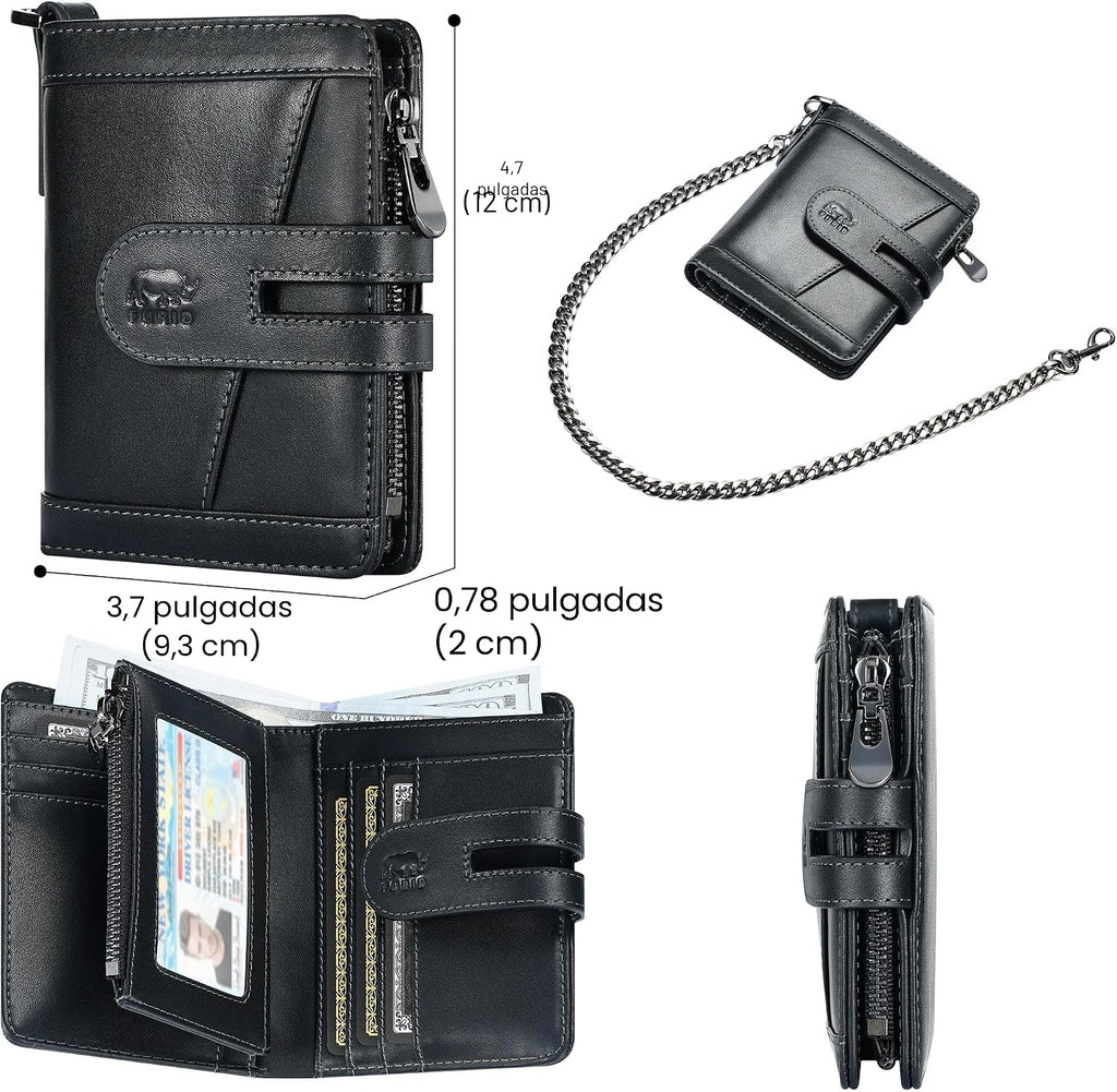 Cartera de cuero genuino para hombre: billetera de cadena antirrobo
