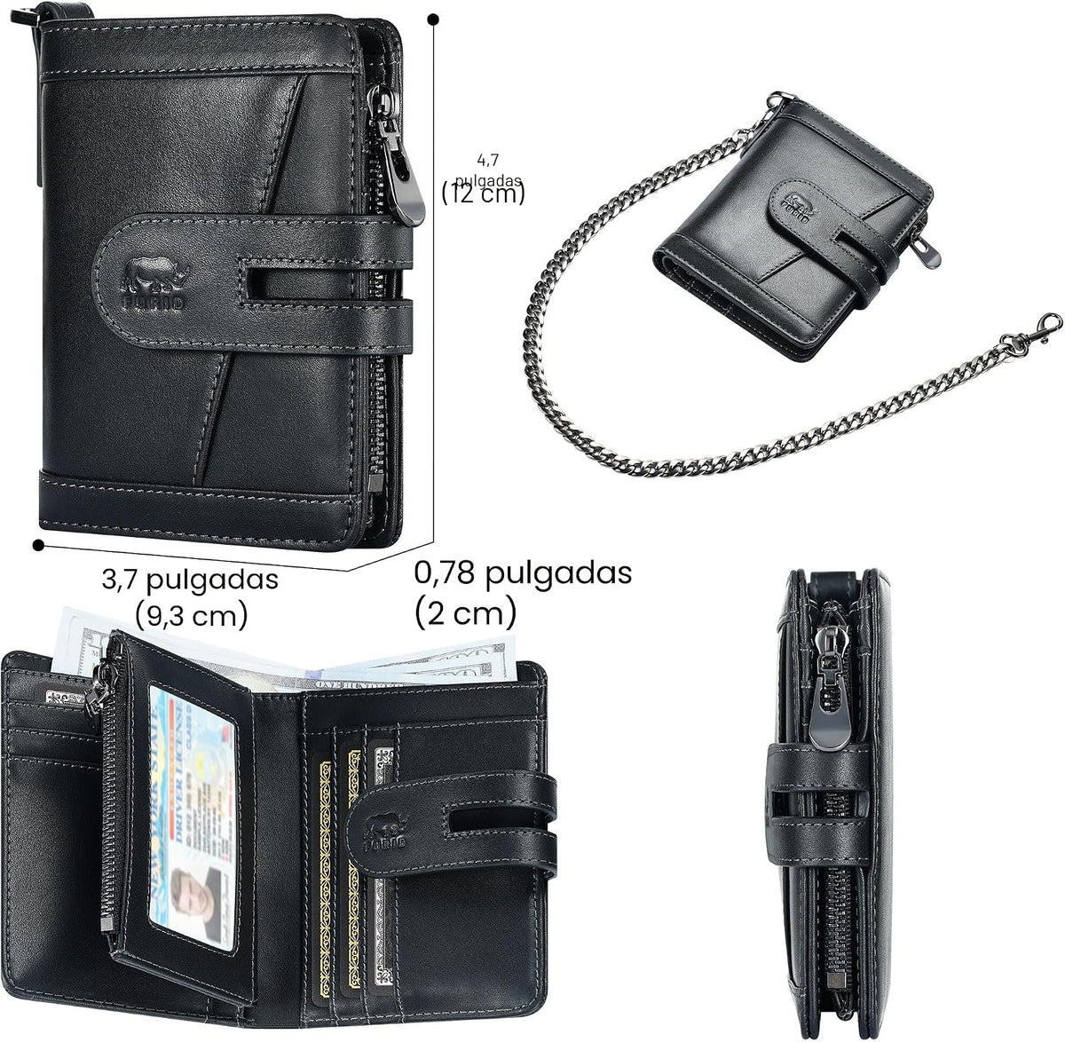 Cartera de cuero genuino para hombre: billetera de cadena antirrobo