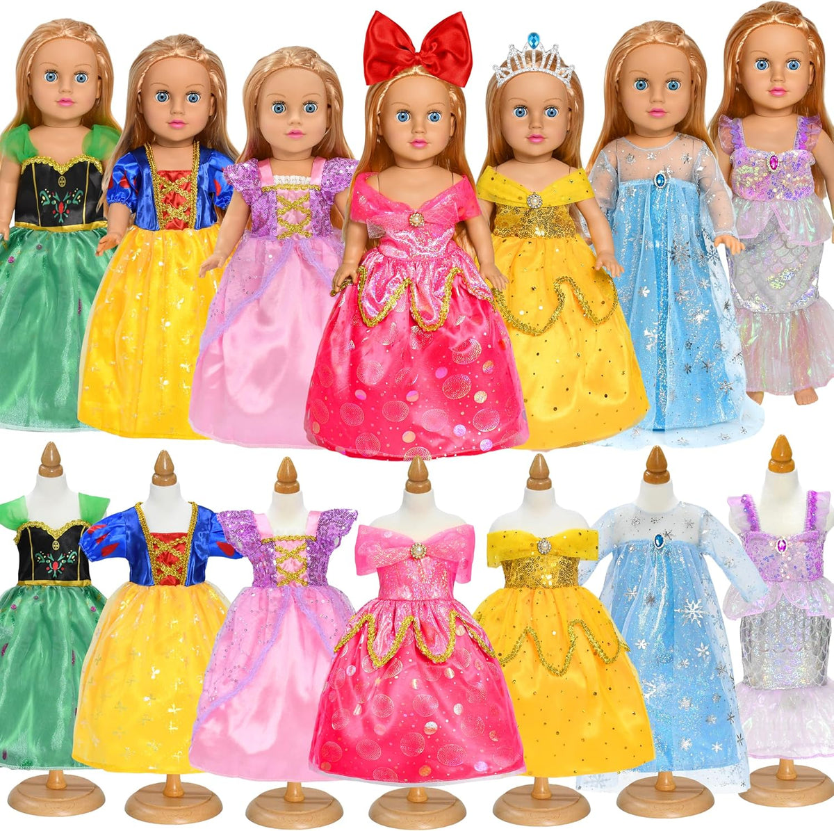 Set de 9 piezas de ropa para muñecas American Doll de 18 pulgadas, conjuntos de ropa para muñecas que incluyen 7 vestidos diferentes de princesas, diadema, lazo para el cabello, regalo de Navidad y cumpleaños para niñas