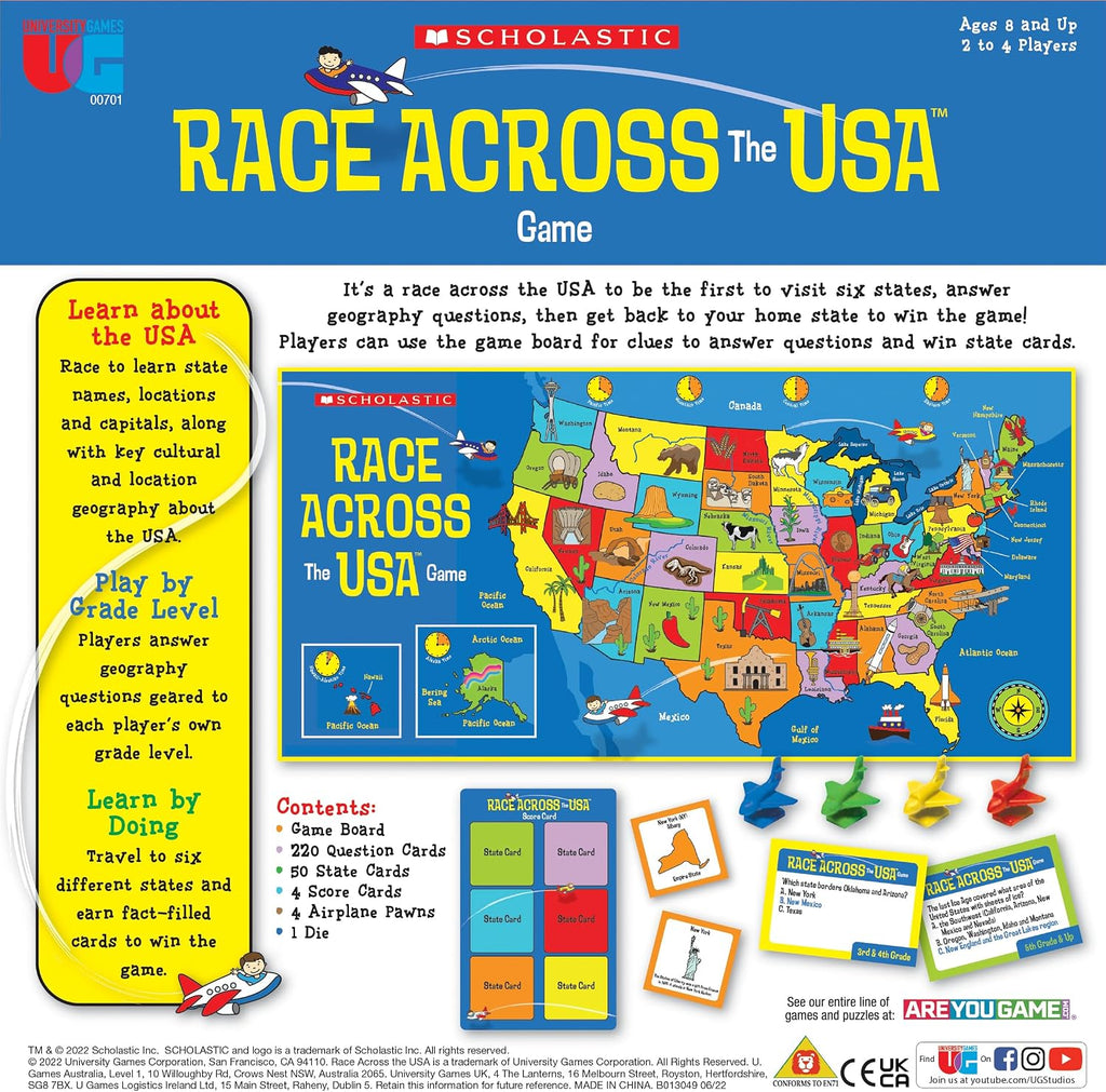University Games, Scholastic Race Across the USA Juego de Mesa, Juego de Aprendizaje de Geografía para Niños y Familias, para 2 a 4 Jugadores a partir de 8 Años en Adelante