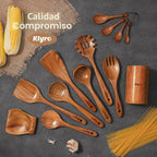 Cucharas de madera para cocinar, juego de utensilios de cocina antiadherentes con 4 cucharas medidoras, juego de espátulas de madera de agarre cómodo, 9 utensilios de cocina de madera de teca