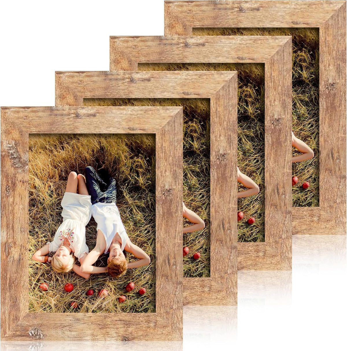 iRahmen 5x7 Set de 4 Portarretratos, Cristal Real de Alta Definición, Marco Rustic Brown de Madera 5 x 7 para Mesa y Montaje en Pared