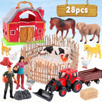 EnAuRoL Red Barn - Juguetes de animales de granja, 28 figuras de animales y tractor de granja, juguetes educativos de aprendizaje para niños pequeños y niños de 3, 4, 5 años, regalo de festival de cumpleaños