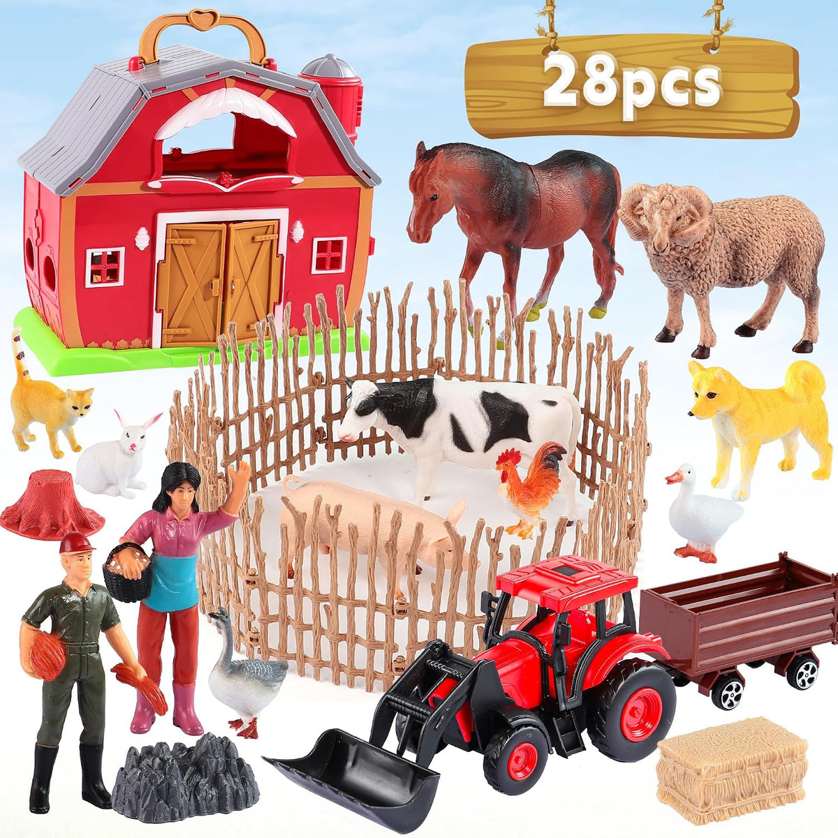 EnAuRoL Red Barn - Juguetes de animales de granja, 28 figuras de animales y tractor de granja, juguetes educativos de aprendizaje para niños pequeños y niños de 3, 4, 5 años, regalo de festival de cumpleaños