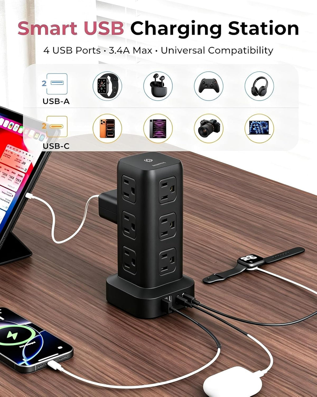 Regleta de alimentación de 6.5 pies, torre de regleta de alimentación con 4 puertos USB (2USB C), cable de extensión con 12 tomas de corriente alterna múltiples, suministros de oficina en casa