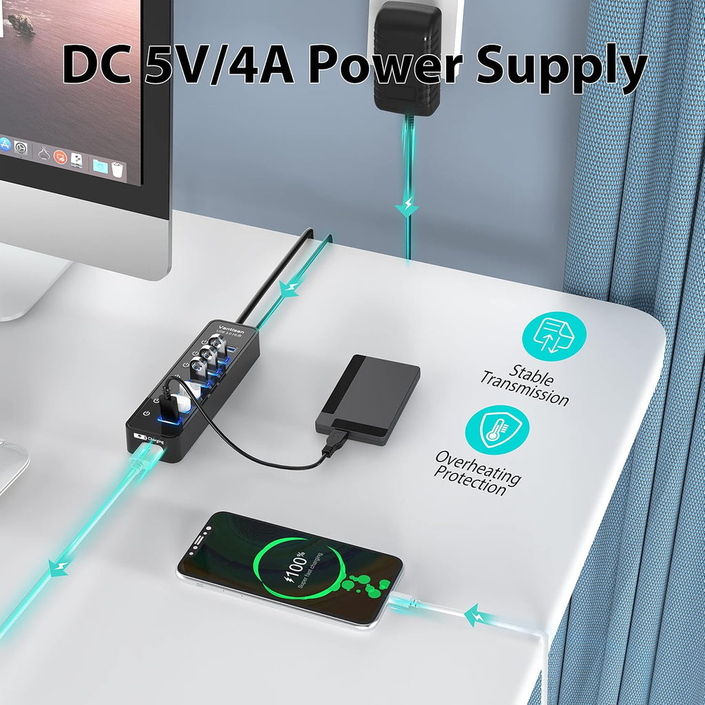 vantisan, BYX2-0504000-1, hub USB 3.0 de 7 puertos, alimentado, con puerto de carga inteligente, adaptador 5V/4A