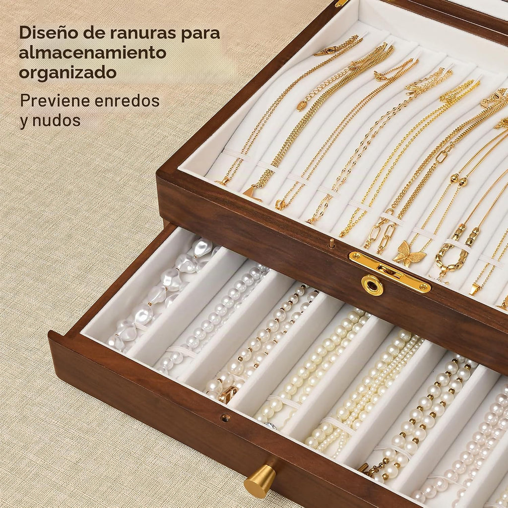 Caja de collar con cerradura de nogal negro, caja organizadora de joyas de