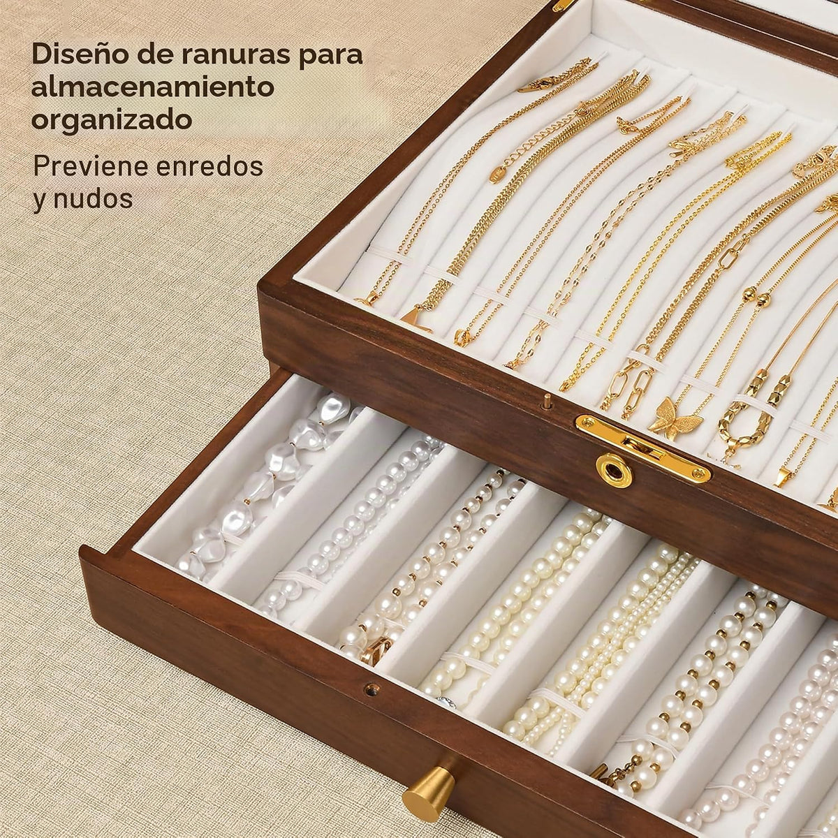 Caja de collar con cerradura de nogal negro, caja organizadora de joyas de