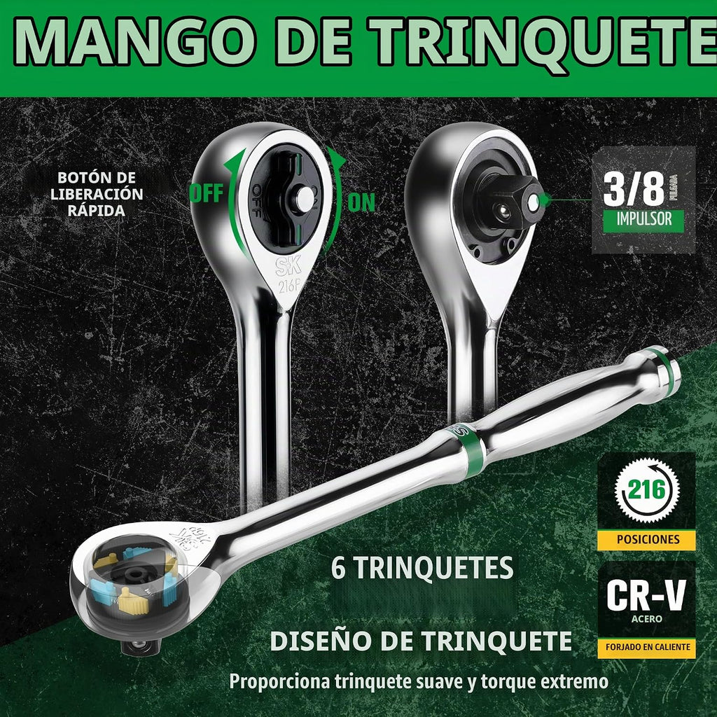 SK Juego de llaves de vaso de 3/8" con trinquete 216-P, 41 piezas