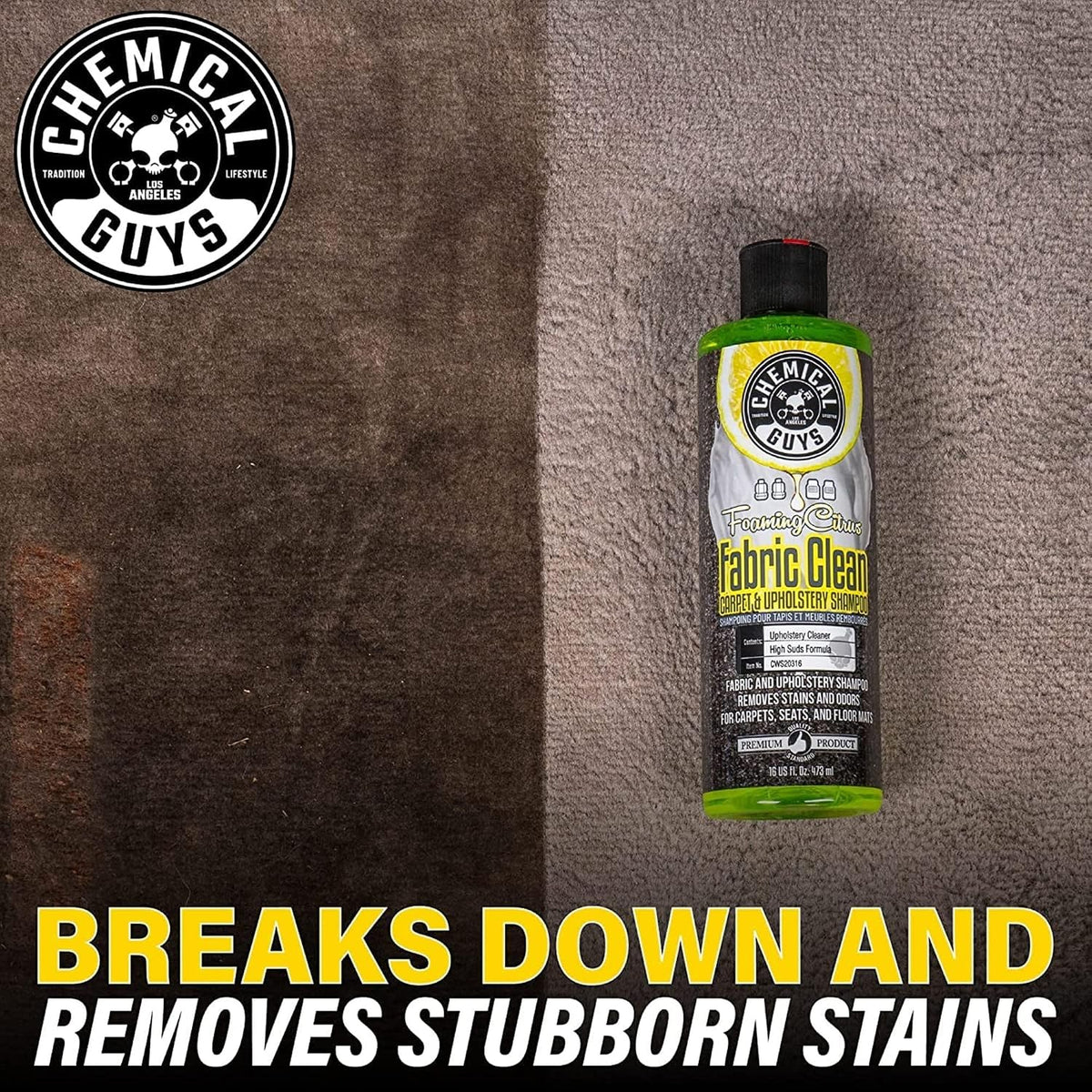 Chemical Guys, Limpiador Espumante Cítrico para Tela y Alfombras con Cepillo para Taladro, 16 oz