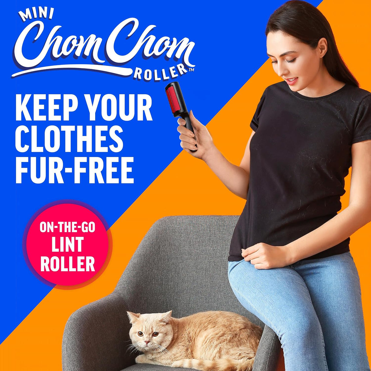 ChomChom Roller Removedor de pelo de mascotas – Rodillo reutilizable para eliminar pelusas para ropa, sofás, autos y viajes – Removedor de pelo de gatos y perros, compacto, no necesita recambios pegajosos (mini rodillo)