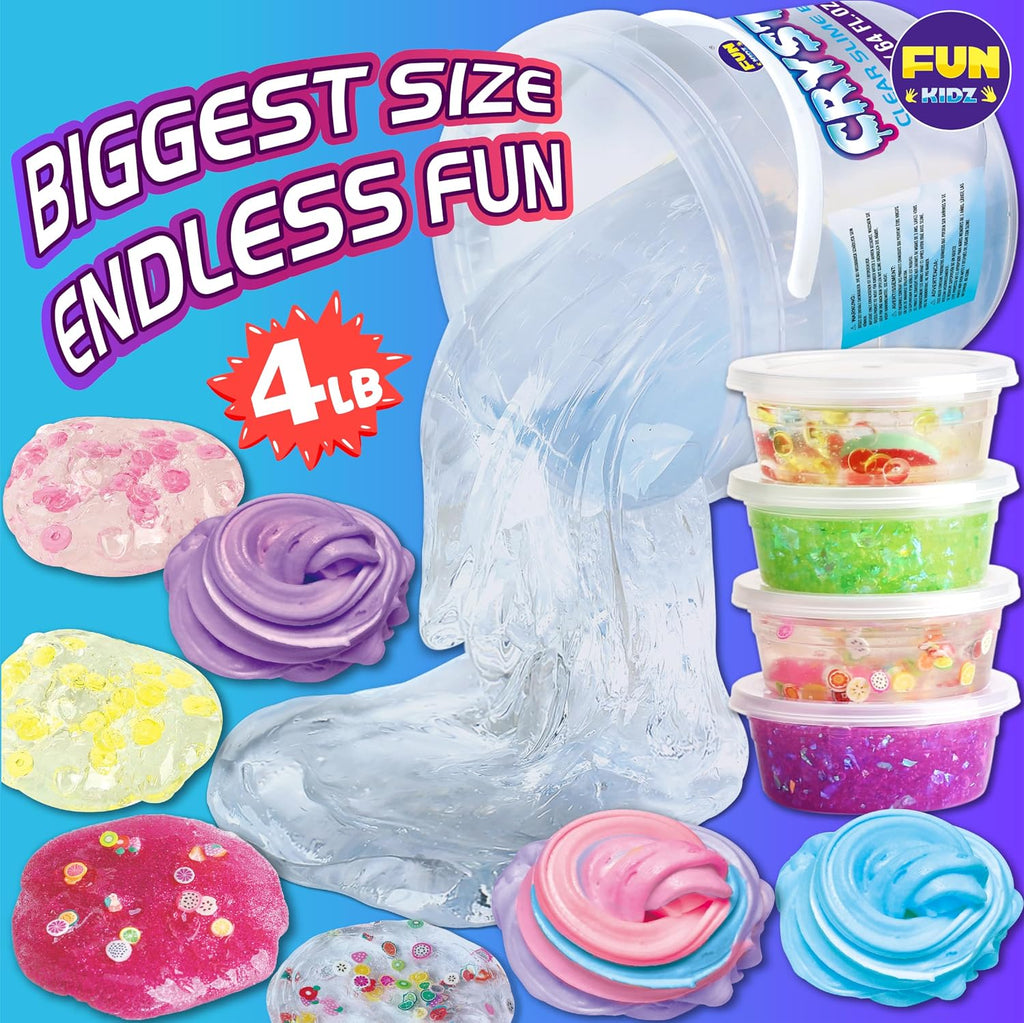 FunKidz - Juguete enorme de 4 libras para niños, cubo de slime transparente y cristalino de 64 onzas líquidas, regalo con 29 juegos de complementos, kit de slime jumbo para niñas y niños regalo de