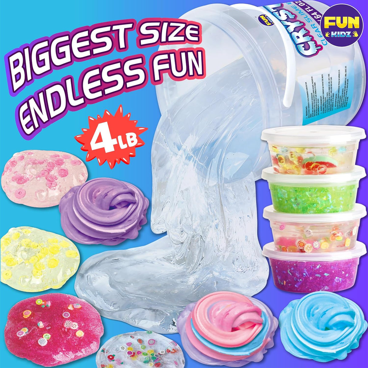 FunKidz - Juguete enorme de 4 libras para niños, cubo de slime transparente y cristalino de 64 onzas líquidas, regalo con 29 juegos de complementos, kit de slime jumbo para niñas y niños regalo de