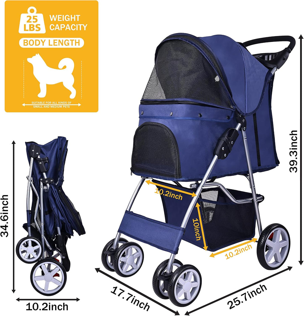 Elevon Cochecito para mascotas, cochecito multifuncional de 4 ruedas, cochecito de viaje portátil plegable con transportador desmontable, adecuado para perros medianos y pequeños, gatos, azul
