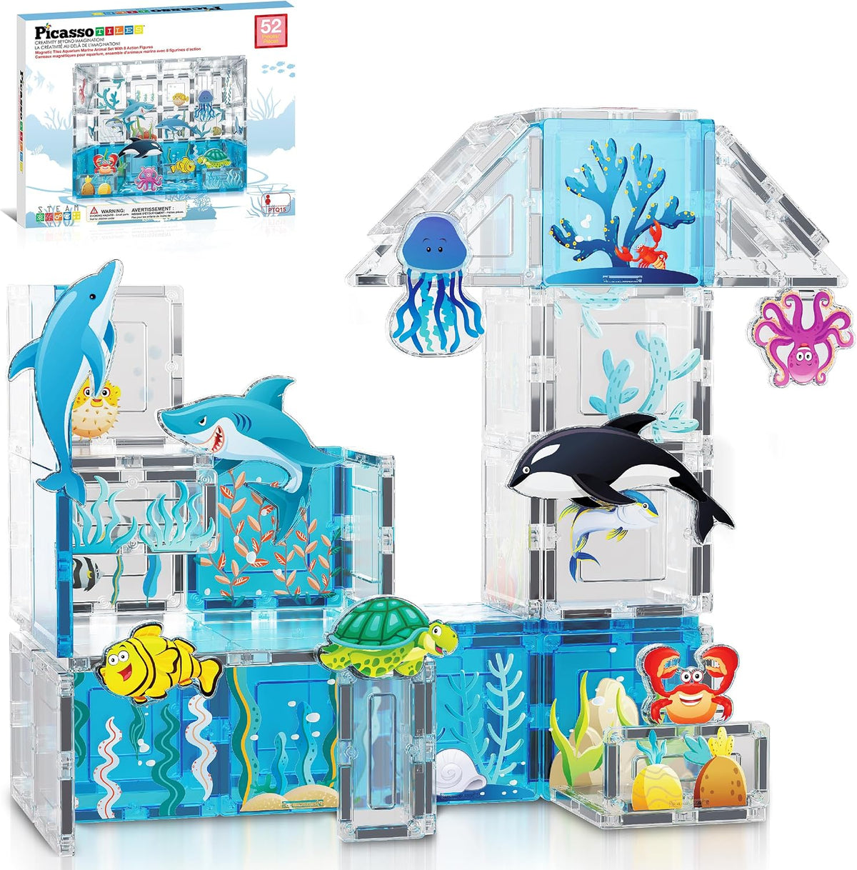 PicassoTiles Azulejos Magnéticos Bloques de construcción magnéticos para acuario, juego temático de animales marinos con 8 figuras de acción de personajes, tiburón, cangrejo, tortuga, juguetes STEM