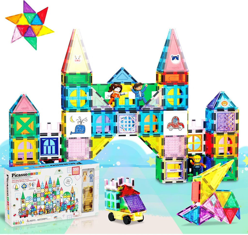 PicassoTiles Bloque de construcción magnético mega juego de 350 piezas de bloques de construcción de azulejos magnéticos con base de automóvil, figuras de personajes, marcadores, pizarra blanca, libro de ideas de más de 110 páginas incluido para