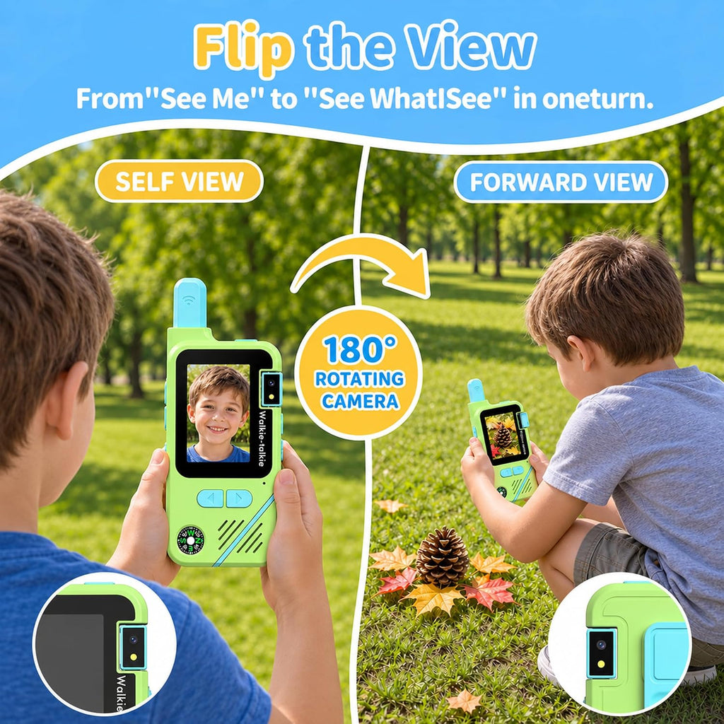 Walkie Talkies de video para niños, paquete de 2 con cámara giratoria de 180°, juguetes de largo alcance, recargable, clip y cordón, regalos de cumpleaños para niños y niñas de 3 a 12 años, interiores