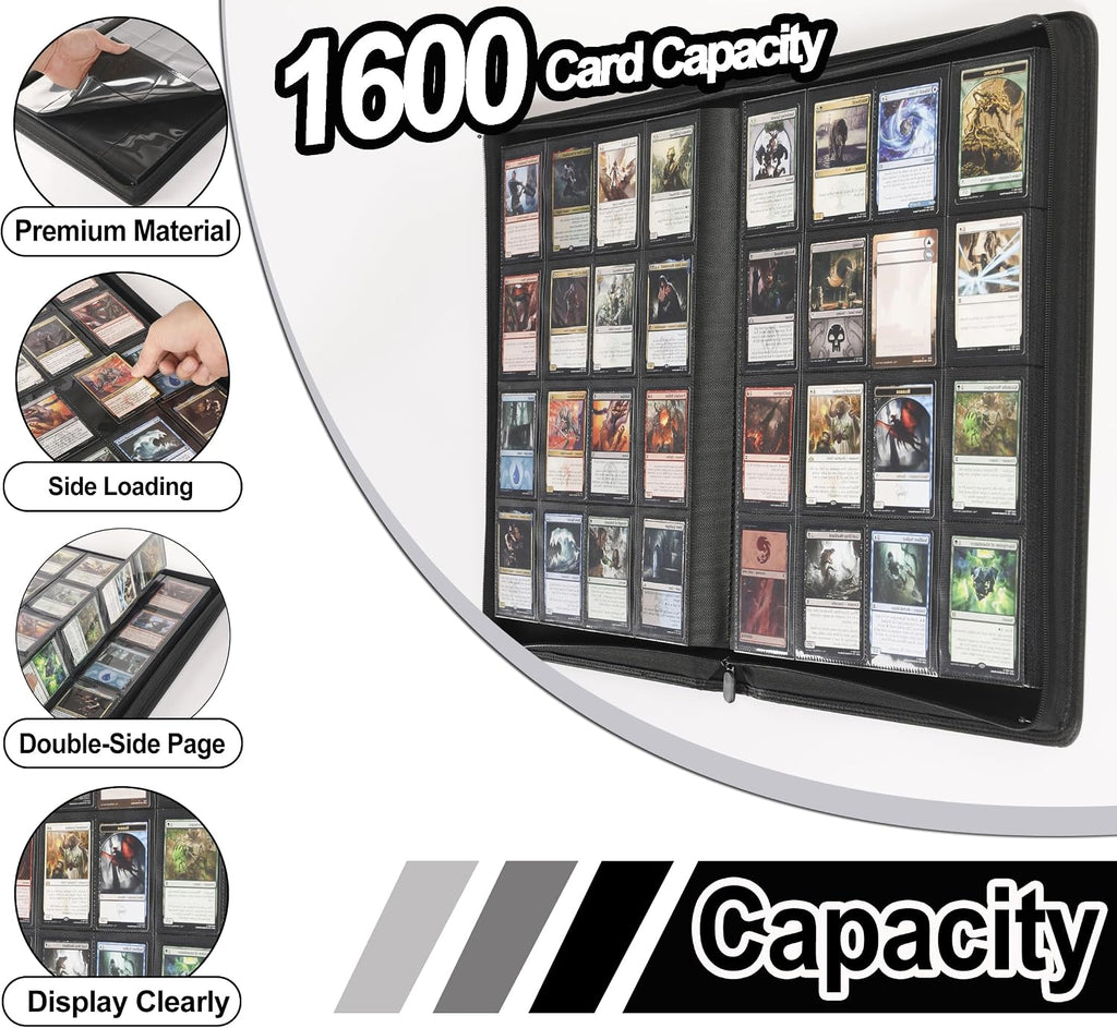 Carpeta de tarjetas premium de 16 bolsillos, se adapta a 1600 tarjetas, álbum de tarjetas sin anillo 4 x 4 con fundas para tarjetas intercambiables y tarjetas deportivas (modelo C, negro clásico)