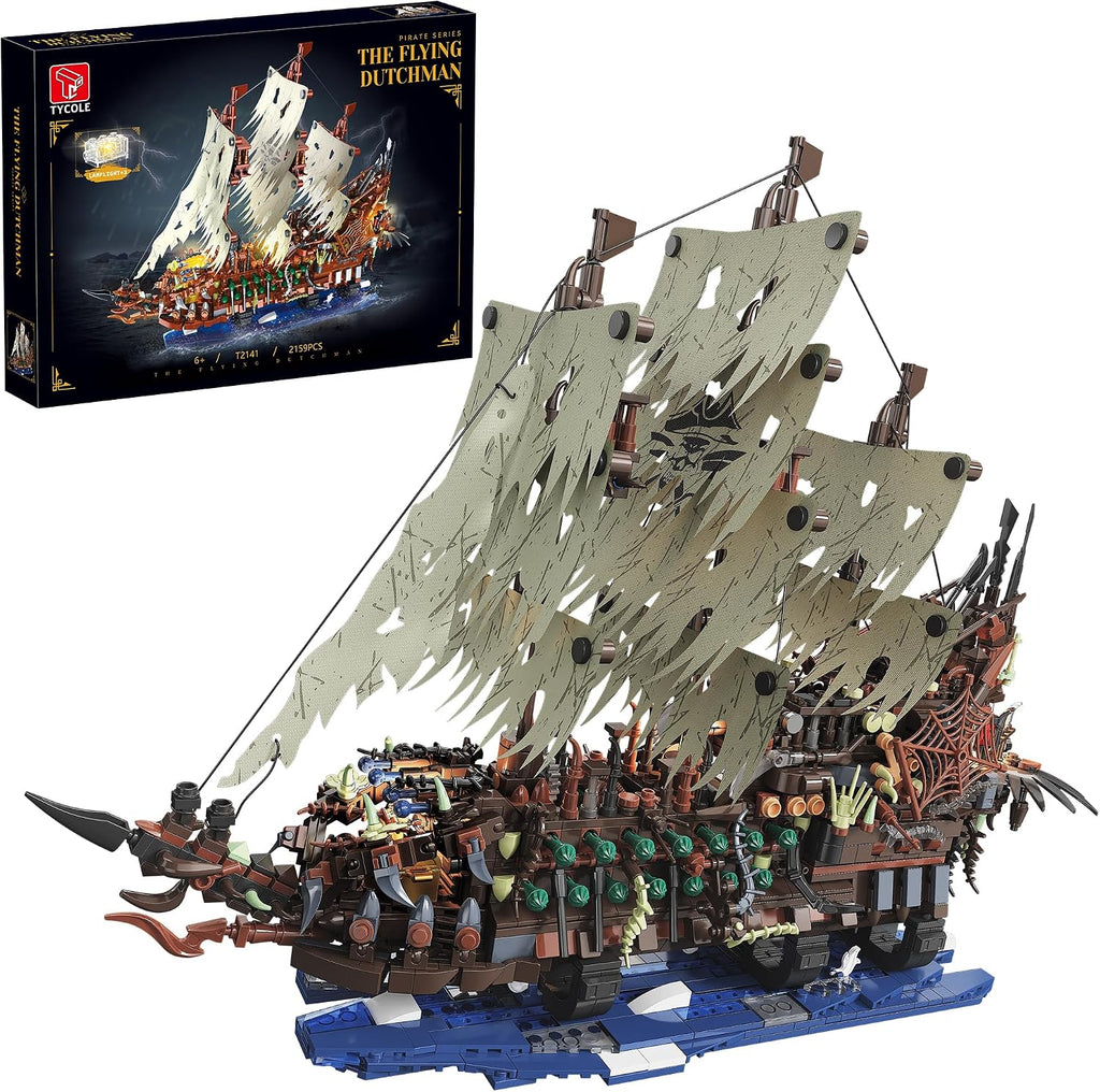 TYCOLE MOC - Juego de construcción de barco pirata con luces, barco de juguete modelo holandés volador, juego de bloques de construcción de barco fantasma, ideal para adultos y adolescentes como regalo de cumpleaños o fiesta (2159 piezas)