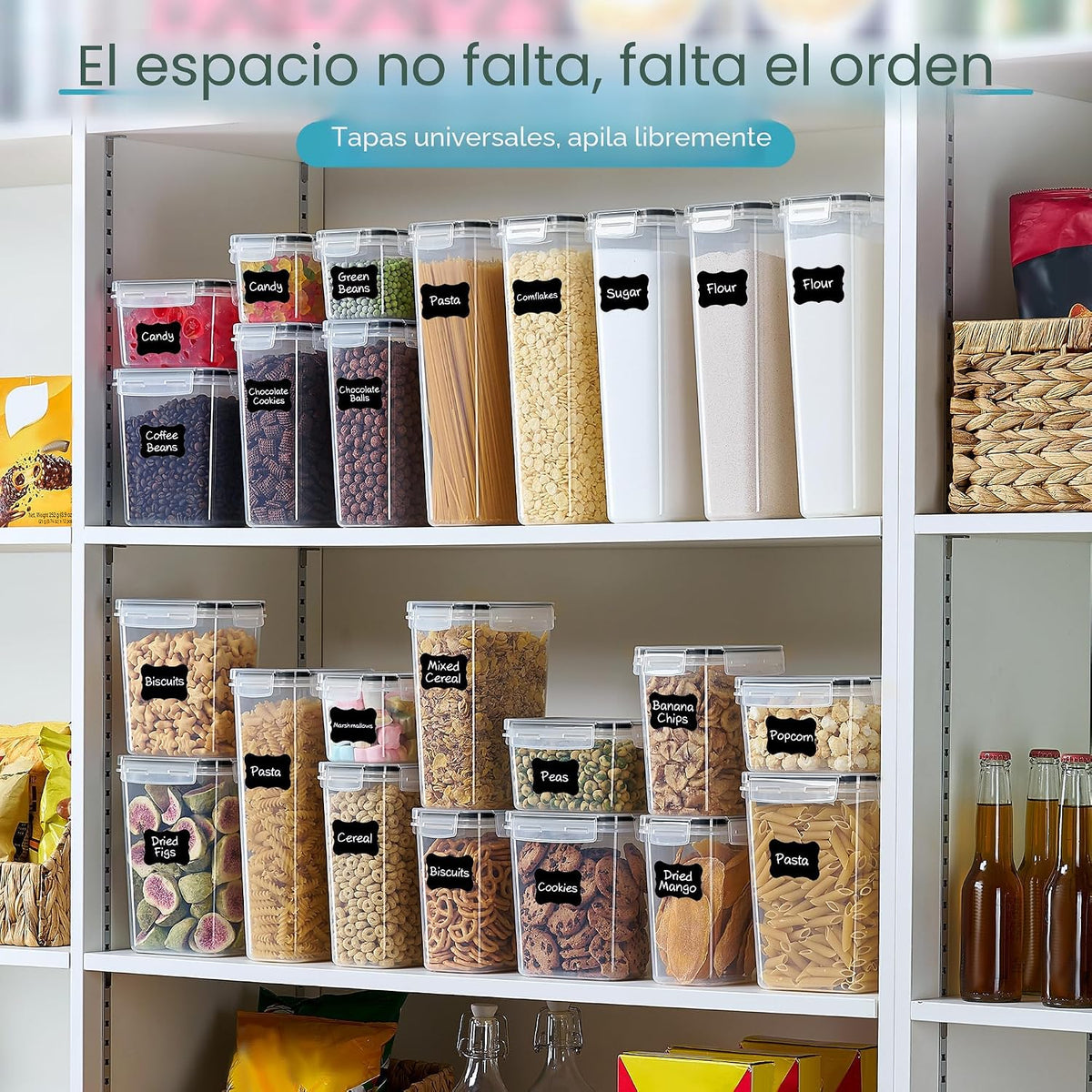 Recipientes herméticos para almacenamiento de alimentos con tapas, Vtopmart 24 piezas recipientes de plástico para organización de cocina y despensa para cereales, alimentos secos, harina y azúcar