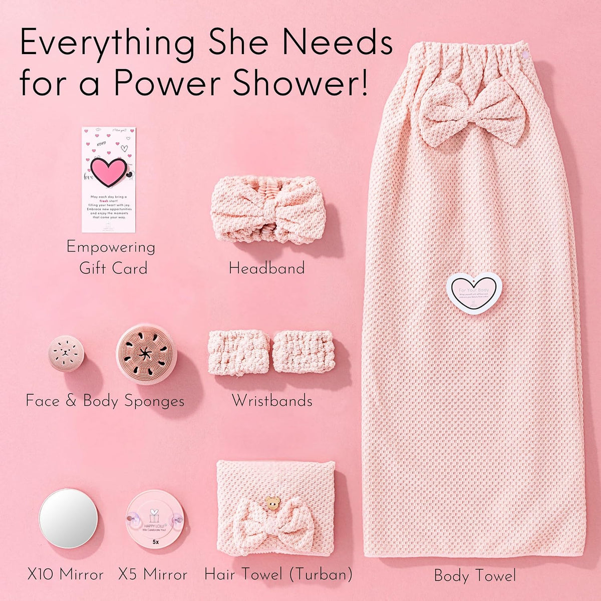 Juego de regalo de ducha eléctrica para adolescentes y universitarias, regalo de cumpleaños, cuidado personal, accesorios de baño esenciales universitarios con toallas, diadema, pulseras y esponja facial (fresco en rosa)