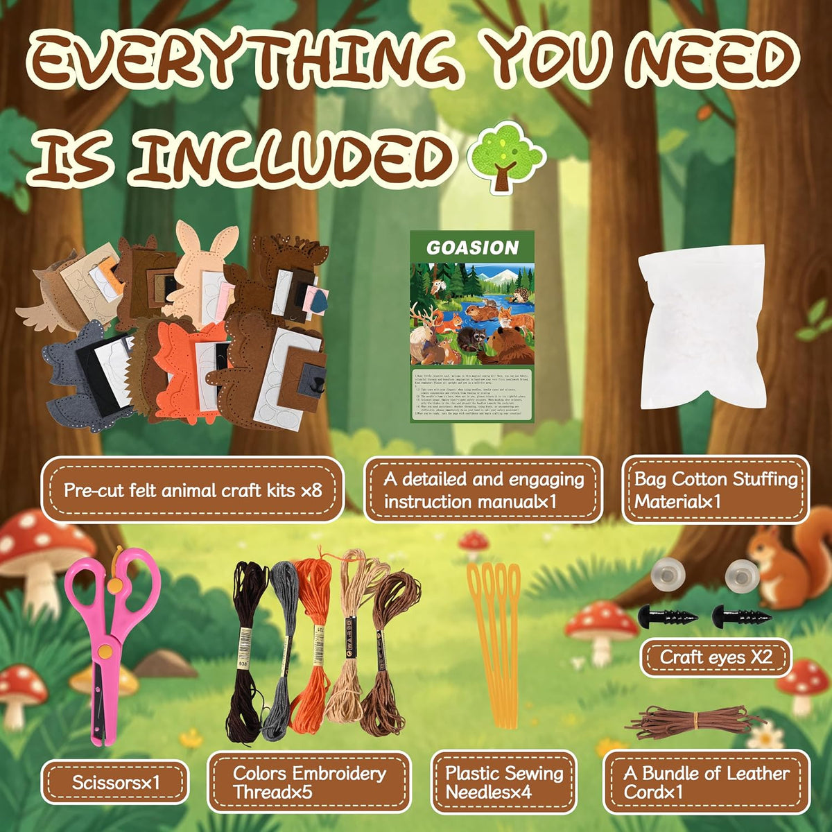 GOASION Kit de costura para niños, kit de costura de animales de la selva