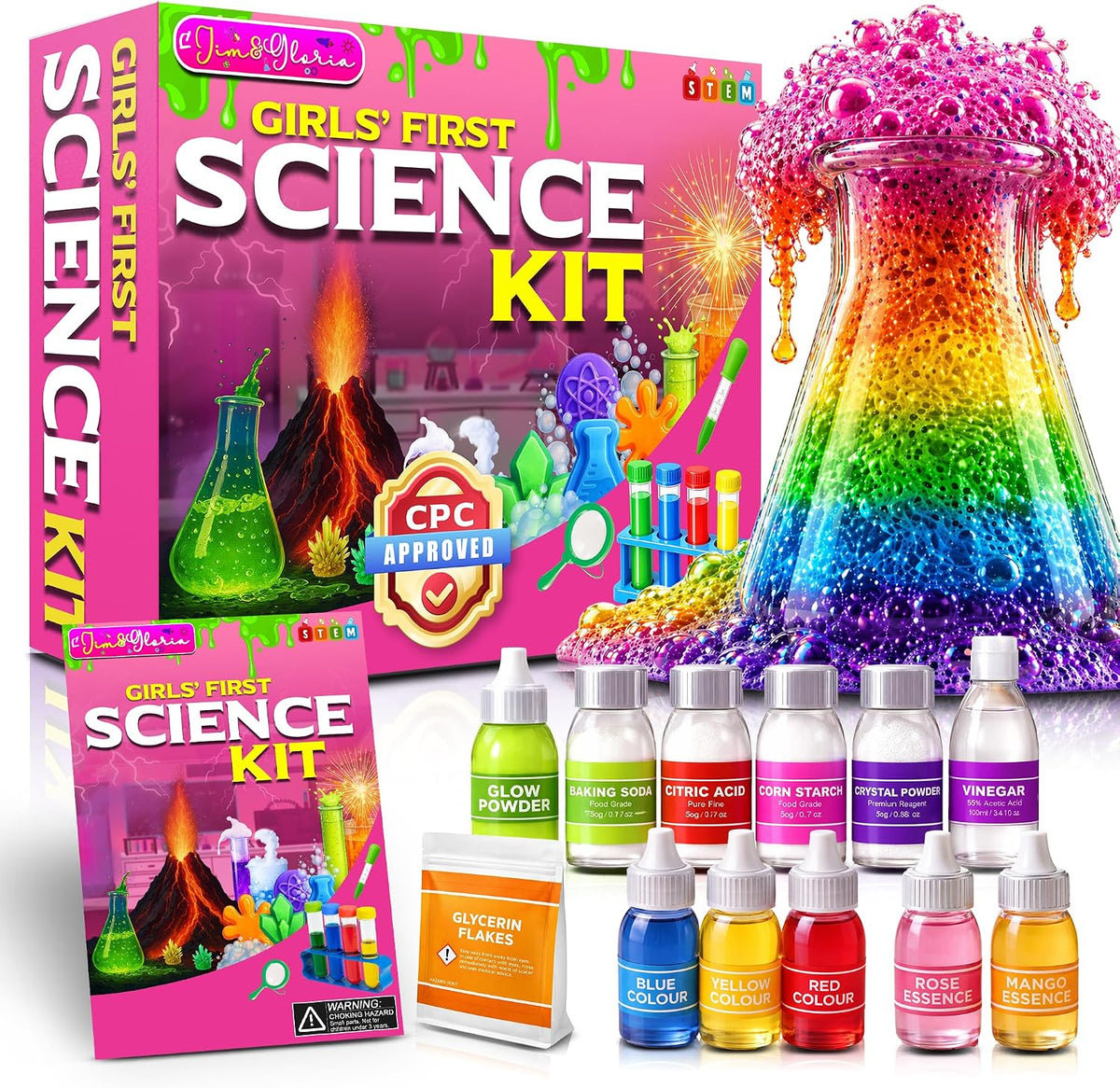 Jim & Gloria Kit de ciencia para niños, experimentos científicos para niños de 5 a 7 y 8 a 12 años, juguete educativo STEM, juego de química con experimentos de volcán, regalo de cumpleaños para niños y niñas, actividad de aprendizaje práctica