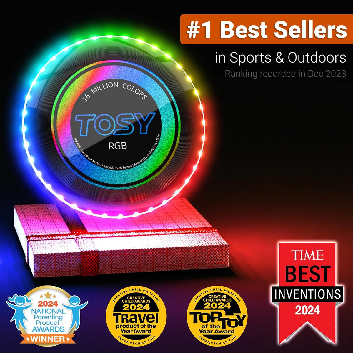 TOSY Flying Disc - 16 Million Colors RGB o 36 LEDs, Extremely Bright, Smart Modes, Camping Essentials para Teens/Kids/Adults/Men/Boys/Girls, Auto Light Up, Rechargeable, Waterproof, 175g