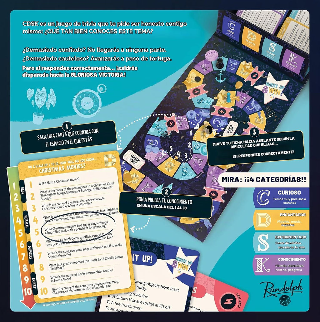 Randolph CDSK | Divertido juego de fiesta de trivia para adolescentes y adultos | Ideal para noches de juego y grupos grandes | Desafío de dos jugadores o equipo | Más de 2500 preguntas de trivia | A partir de 14 años | 2 a 16 jugadores | 45 minutos